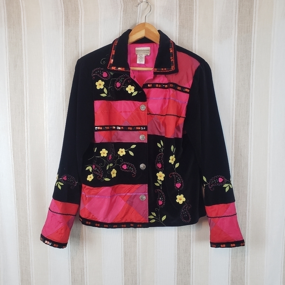 Coldwater Creek Velvet Silk Lined Jacket Black Pink Size Small/Medium